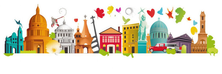 Obraz premium Italy Coast Famous Landmarks Skyline Silhouette Style, Colorful, Cityscape, Travel and Tourist Attraction - Generative AI