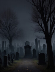 Generative ai of a dark semetery with a lot of tombstones at night with fog. Graveyard.