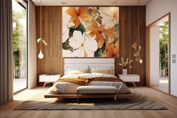 3D render showcasing a modern, high-end bedroom with elegant upholstery