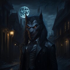 Portrait of a werewolf in an old city during night-time with a full moon in the background.