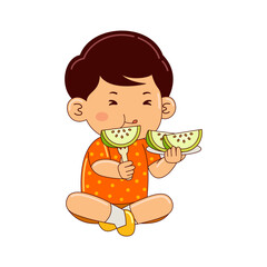 boy kids eating guava vector illustration