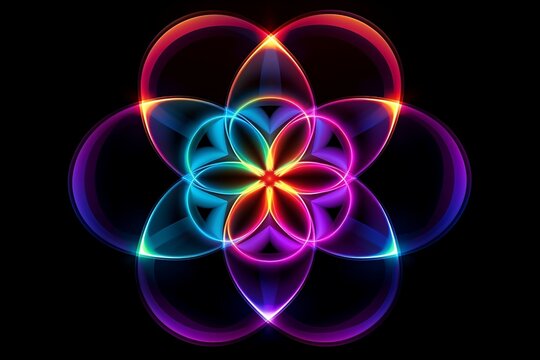 Colorful Glowing Sacred Geometry Pattern, FIbbonacci Pattern, Flower of Life on a Black Background