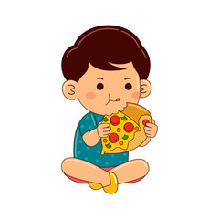 boy kids eating pizza vector illustration