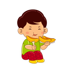 boy kids eating peach vector illustration