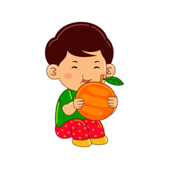 boy kids eating orange vector illustration