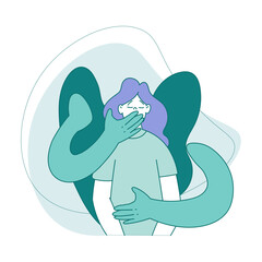 Young Woman with Embraced Arms Suffering from Fear Vector Illustration