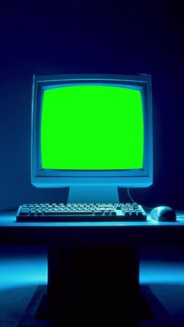 Computer with green screen in blue tones.