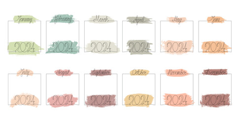 2024 year hand draw month calendar template with brush strokes pastel colours. Vector stock illustration isolated on white background for beauty and spa print industry, photo album. Editable stroke. 