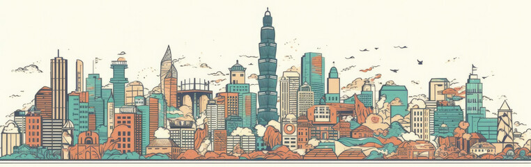 Fototapeta premium World Famous Landmarks Skyline Silhouette Style, Colorful, Cityscape, Travel and Tourist Attraction - Generative AI