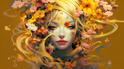 Yellow hued woman with flowers in her hair and surrounding her face