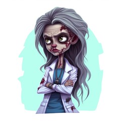 Undead Healer: Female doctor zombie character, cartoon styled, on light background, generative AI