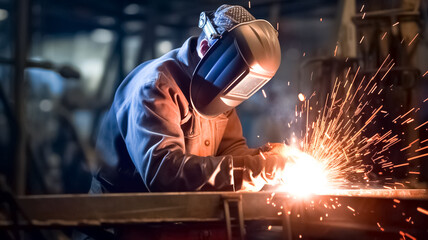Industrial Worker at the factory welding steel structure. 
 - obrazy, fototapety, plakaty