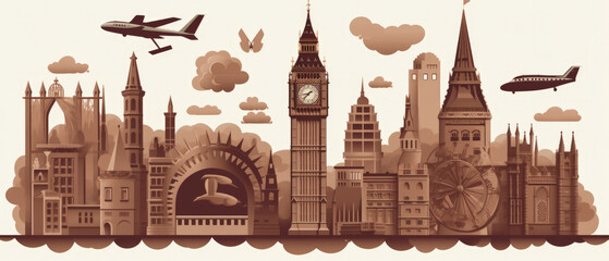 United Kingdom Landmarks Skyline Silhouette Style, Colorful, Cityscape, Travel and Tourist Attraction - Generative AI