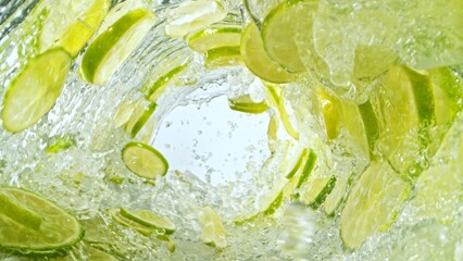 Texture of splashing water with lime slices.