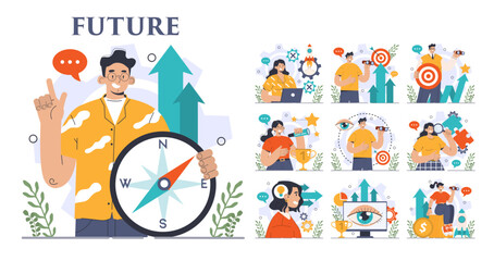 Future concept set. Character searching for future opportunities,