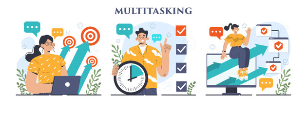 Fototapeta premium Multitasking concept set. Effective and competent office worker managing