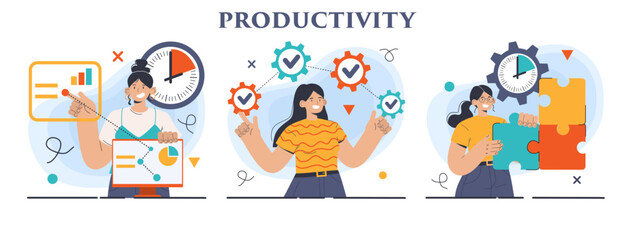 Productivity concept set. Character worktime optimization. Employee