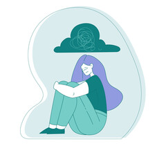 Young Woman Sitting Under Cloud Suffering from Mental Disorder Vector Illustration