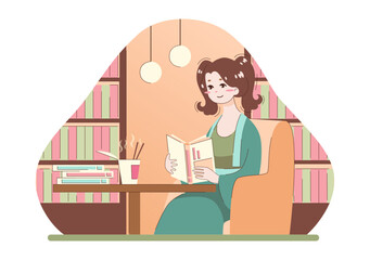 Asian girl reading a book in armchair. Young woman sitting