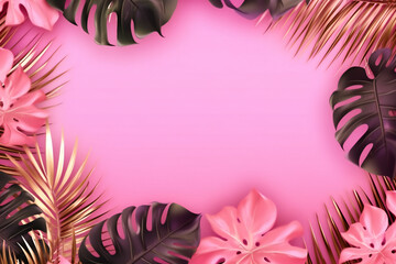 Fototapeta na wymiar monsera with copyspace pink background,Tropical Foliage Delight: A copyspace frame for your messages