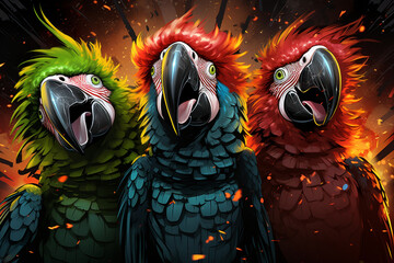 3 crazy funky fröhliche Papageien mit Konfetti in Partystimmung. Generative Ai