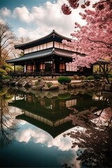 Fototapeta premium Tranquil Harmony: Serene Japanese Garden and Traditional House. Generative AI