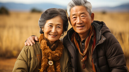 Smiling Japanese husband and wife, married couple in the nature background, traveling