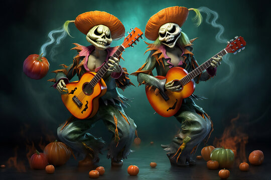 halloween skeletons as gitarist with pumpkin Hellowen scene. Halloween concept