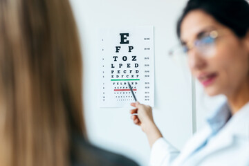 Beautiful female optician doing eye test with eye chart on her patient in ophthalmology clinic