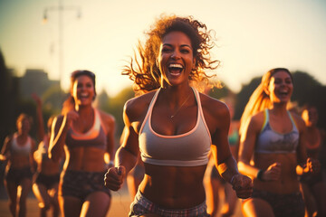 Outdoor boot camp class with a group of enthusiastic participants, Fitness models, sport, natural light, affinity, bright background Generative AI