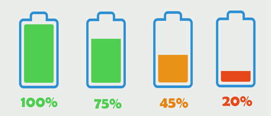 Phone battery flat icons set collection and charge status symbols clip art vector.
