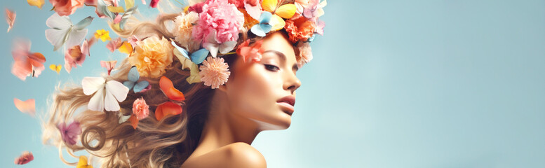 Obraz na płótnie Canvas Surreal abstract woman portrait with flowers over head on blue background. summer colors. Concept of environmental friendliness and naturalness of cosmetic products. Banner. Generative Ai content