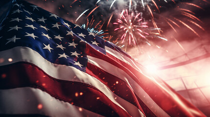 The flag of the United States of America in front of a firework during a 4th of july celebration, generative KI