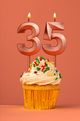 Candle number 35 - Cake birthday in coral fusion background