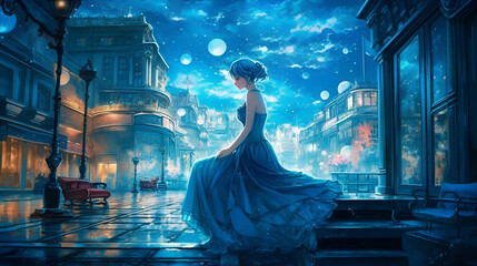 Woman in a blue ballgown sits down in the middle of a deserted street