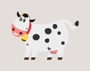 Smiling dairy cow with bell on profile with gray background - vector