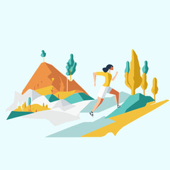 Fototapeta na wymiar Tourism illustration running, sport woman running. Summer vacation web banner. Tourism to tropical countries. Special offer on travel.