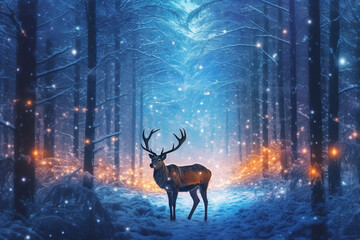 Reindeer in a winter forest with lights for Christmas created with AI generative tools