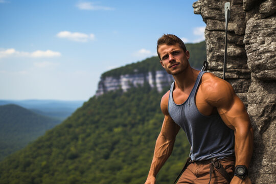 Rock climbing on a challenging cliff face, Fitness models, sport, natural light, affinity, bright background Generative AI