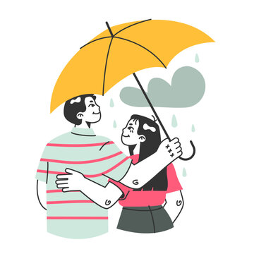 Lovers under the rain. Cute couple walking outdoor under umbrella