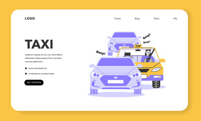 Taxi service web banner or landing page. Yellow taxi car in a traffic
