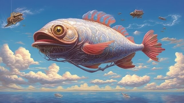 In the surrealist composition "Flying Fish", a scene in which a huge fish soars through the sky with its wings. It represents impossibilities.  Created with Generative AI