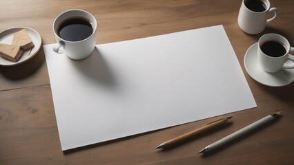 A blank piece of paper on a wooden desk with a cup of coffee