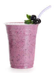 Blueberries smoothie milkshake in plastic to go glass with straw side view isolated clipping path on white background.