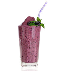 Frozen smoothie drink Blueberry with yogurt milk shake in tall glass topped with blueberries and...