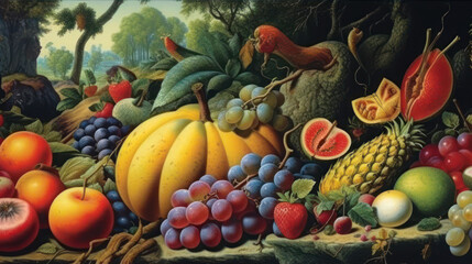 A surrealist fruit painting displays unusually large and oddly shaped fruits. It reflects the mystery of nature and unusual elements. Created with Generative AI - obrazy, fototapety, plakaty