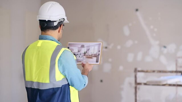 Experienced engineer imagining finished renovation of living room man in hardhat and vest looking at picture of Scandinavian interior design in hands standing against shabby wall