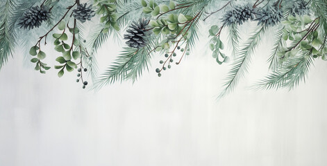 Christmas background with pine branches, white background, christmas foliage and cone branches