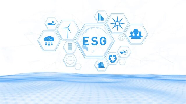 ESG icons on white wavy loop animation background. Concept Environment, society and governance.