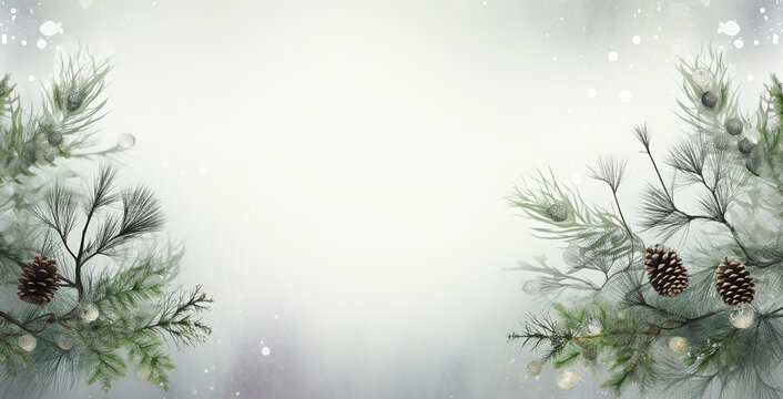 Christmas background with pine branches, white background, christmas foliage and cone branches